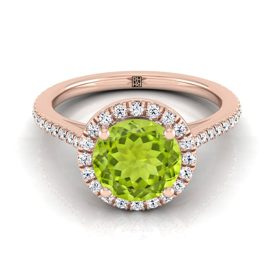 14K Rose Gold Round Brilliant Classic French Pave Halo and Linear Engagement Ring -1/4ctw