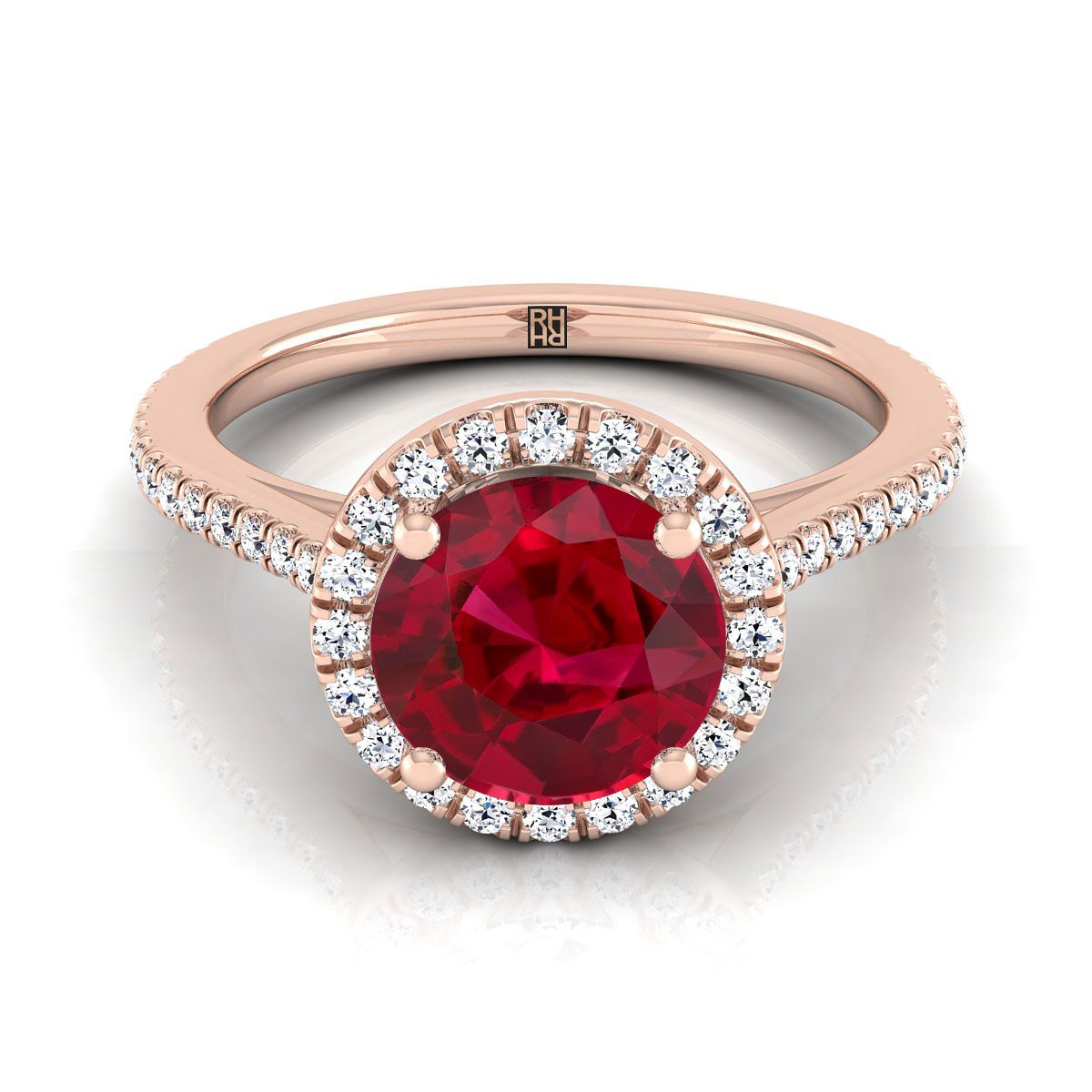 14K Rose Gold Round Brilliant Classic French Pave Halo and Linear Engagement Ring -1/4ctw