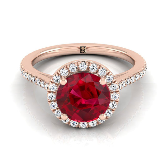 14K Rose Gold Round Brilliant Classic French Pave Halo and Linear Engagement Ring -1/4ctw