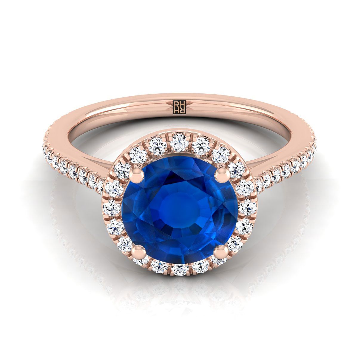 14K Rose Gold Round Brilliant Classic French Pave Halo and Linear Engagement Ring -1/4ctw