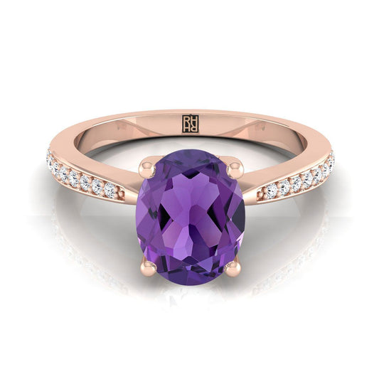 14K Rose Gold Oval Amethyst Tapered Pave Diamond Engagement Ring -1/8ctw