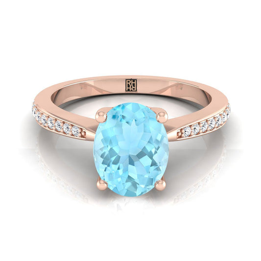 14K Rose Gold Oval Aquamarine Tapered Pave Diamond Engagement Ring -1/8ctw