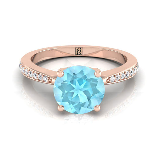 14K Rose Gold Round Brilliant Aquamarine Tapered Pave Diamond Engagement Ring -1/8ctw