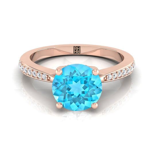 14K Rose Gold Round Brilliant Swiss Blue Topaz Tapered Pave Diamond Engagement Ring -1/8ctw