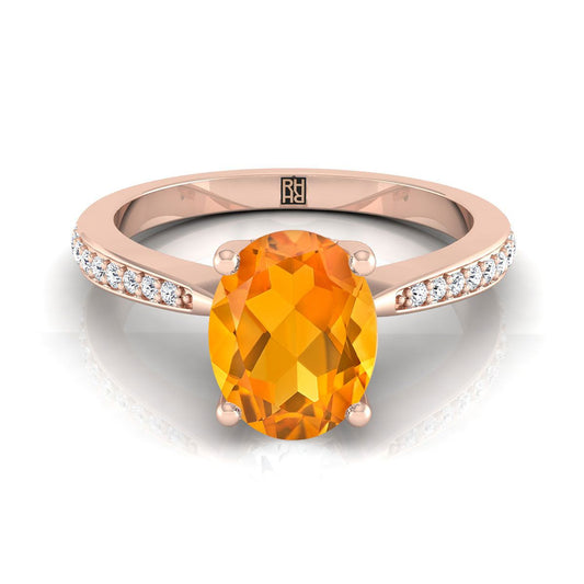 14K Rose Gold Oval Citrine Tapered Pave Diamond Engagement Ring -1/8ctw