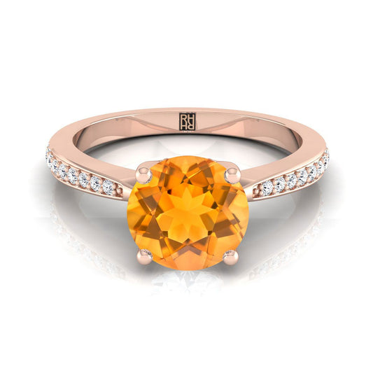 14K Rose Gold Round Brilliant Citrine Tapered Pave Diamond Engagement Ring -1/8ctw