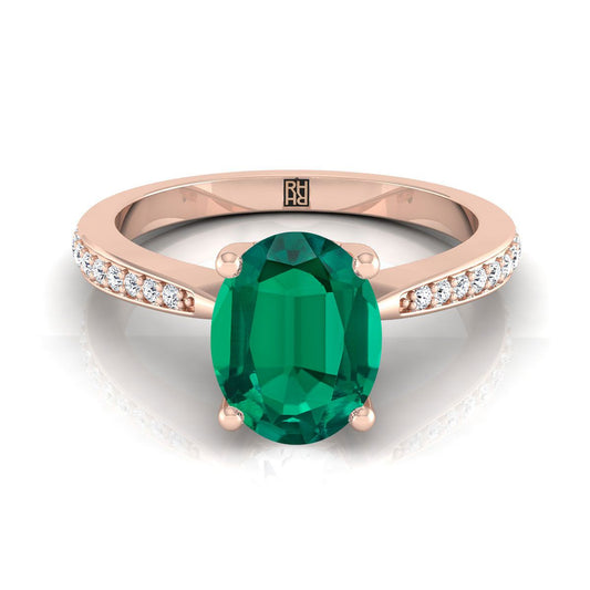 14K Rose Gold Oval Emerald Tapered Pave Diamond Engagement Ring -1/8ctw