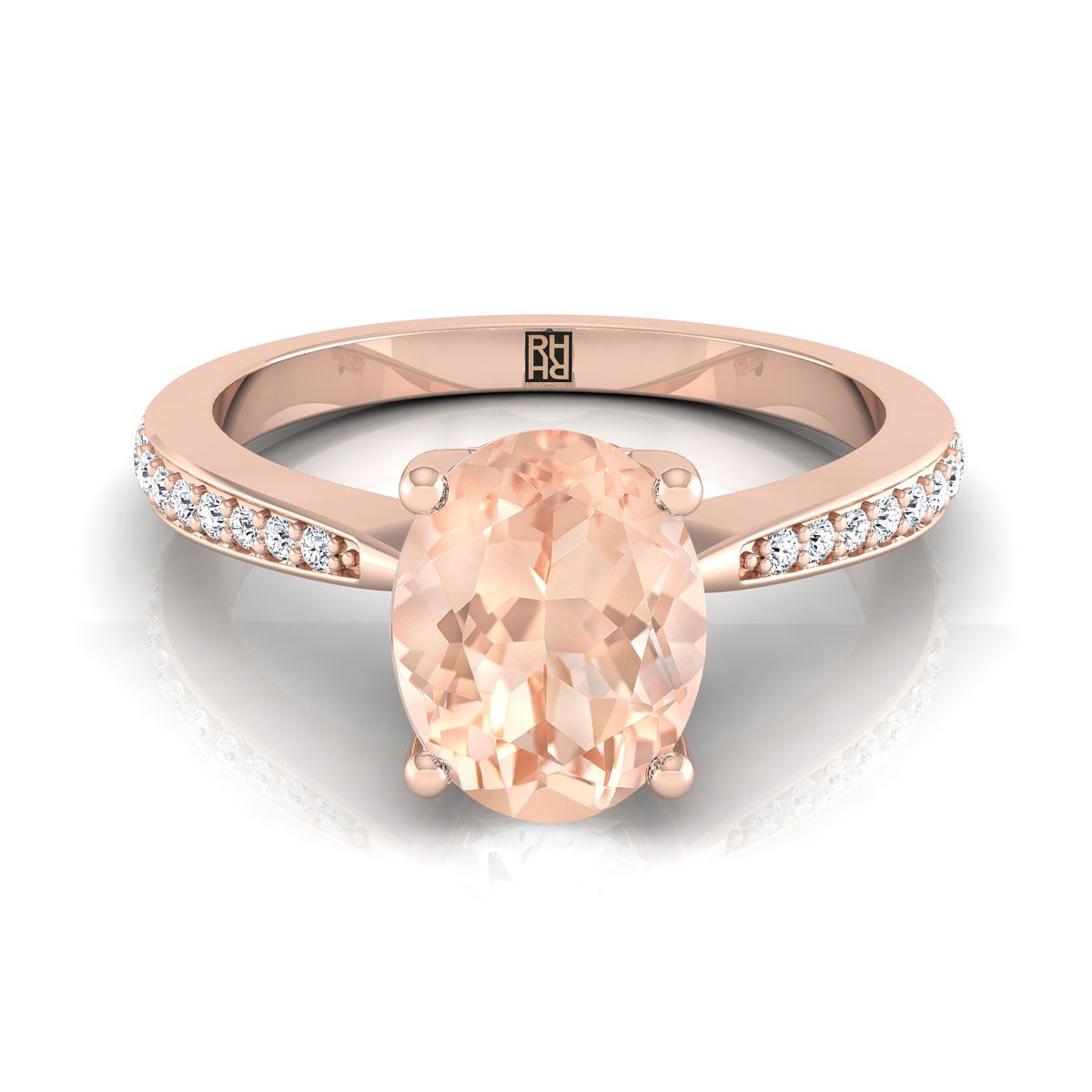 14K Rose Gold Oval Morganite Tapered Pave Diamond Engagement Ring -1/8ctw