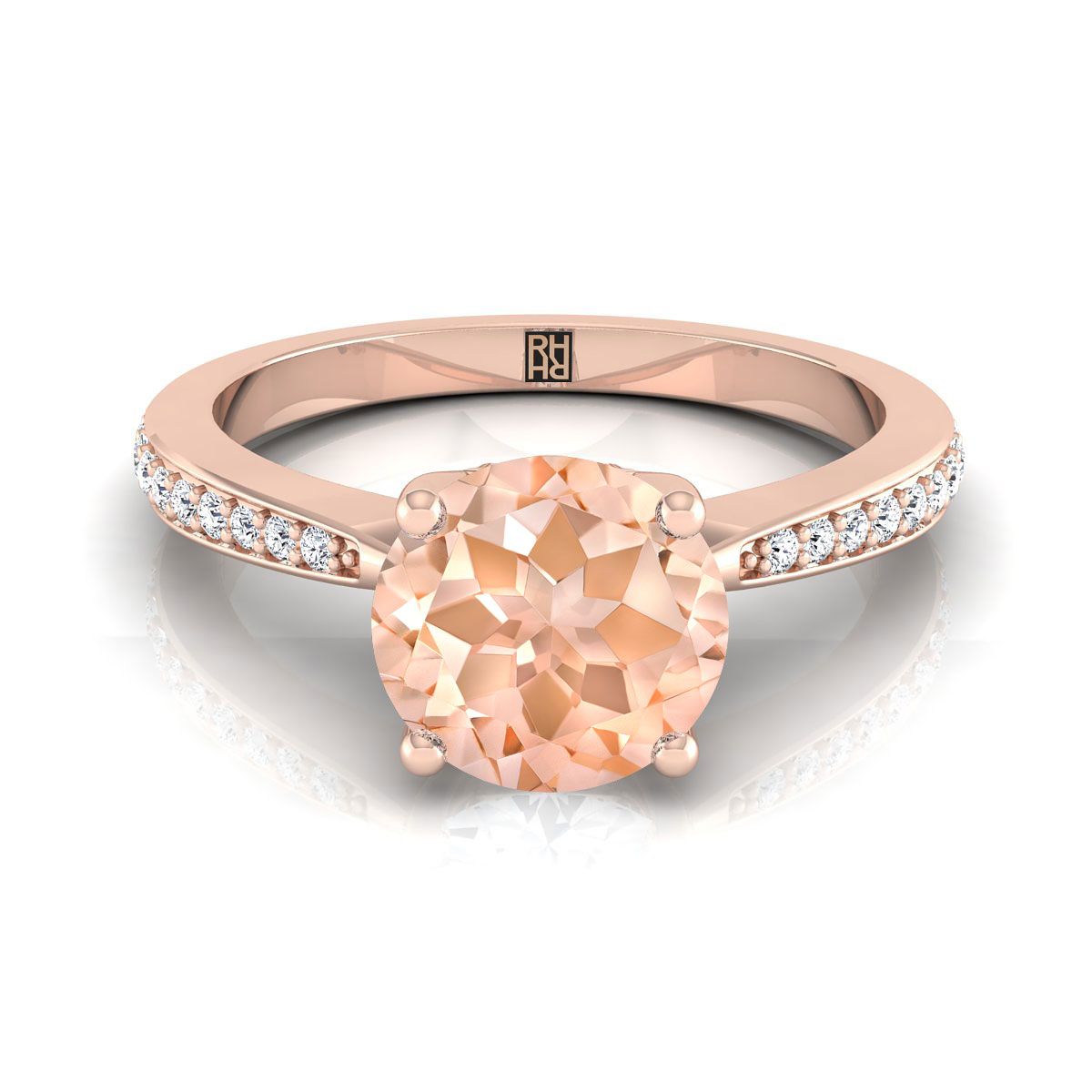 14K Rose Gold Round Brilliant Morganite Tapered Pave Diamond Engagement Ring -1/8ctw