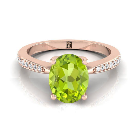 14K Rose Gold Oval Peridot Tapered Pave Diamond Engagement Ring -1/8ctw