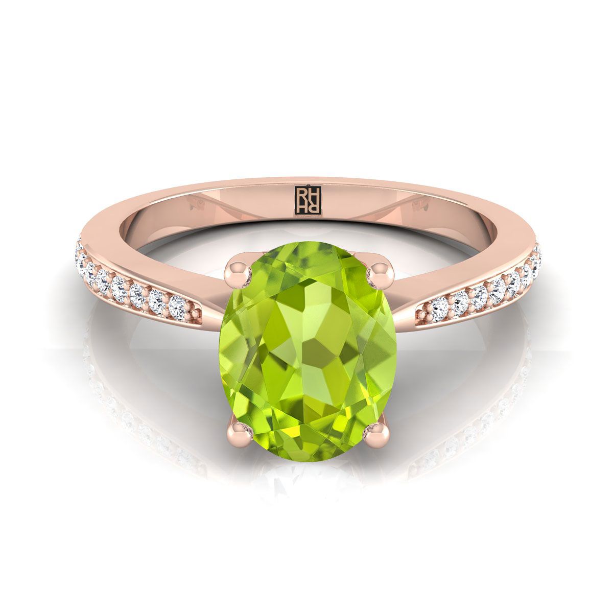 14K Rose Gold Oval Peridot Tapered Pave Diamond Engagement Ring -1/8ctw