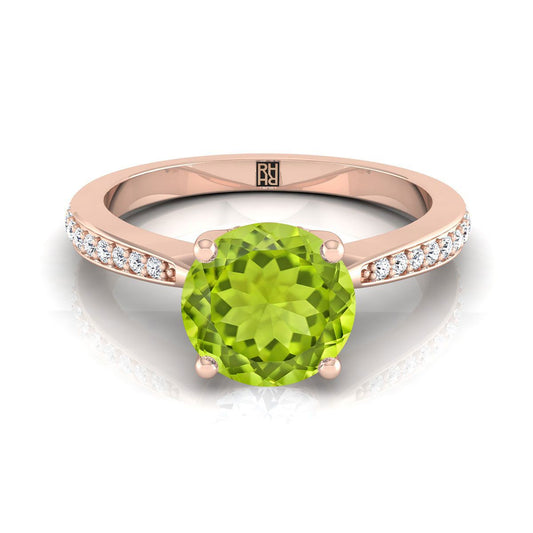 14K Rose Gold Round Brilliant Peridot Tapered Pave Diamond Engagement Ring -1/8ctw