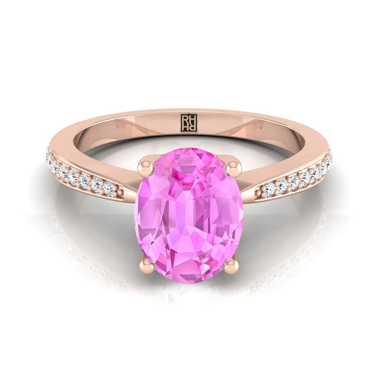 14K Rose Gold Oval Pink Sapphire Tapered Pave Diamond Engagement Ring -1/8ctw