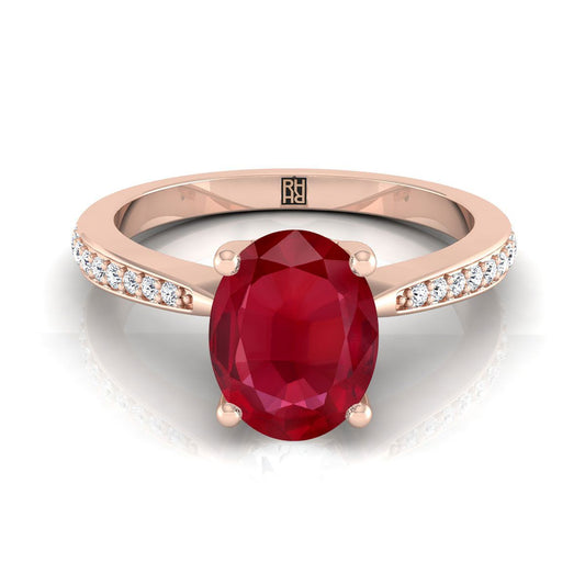 14K Rose Gold Oval Ruby Tapered Pave Diamond Engagement Ring -1/8ctw
