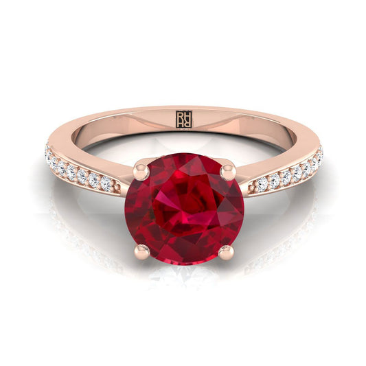 14K Rose Gold Round Brilliant Ruby Tapered Pave Diamond Engagement Ring -1/8ctw