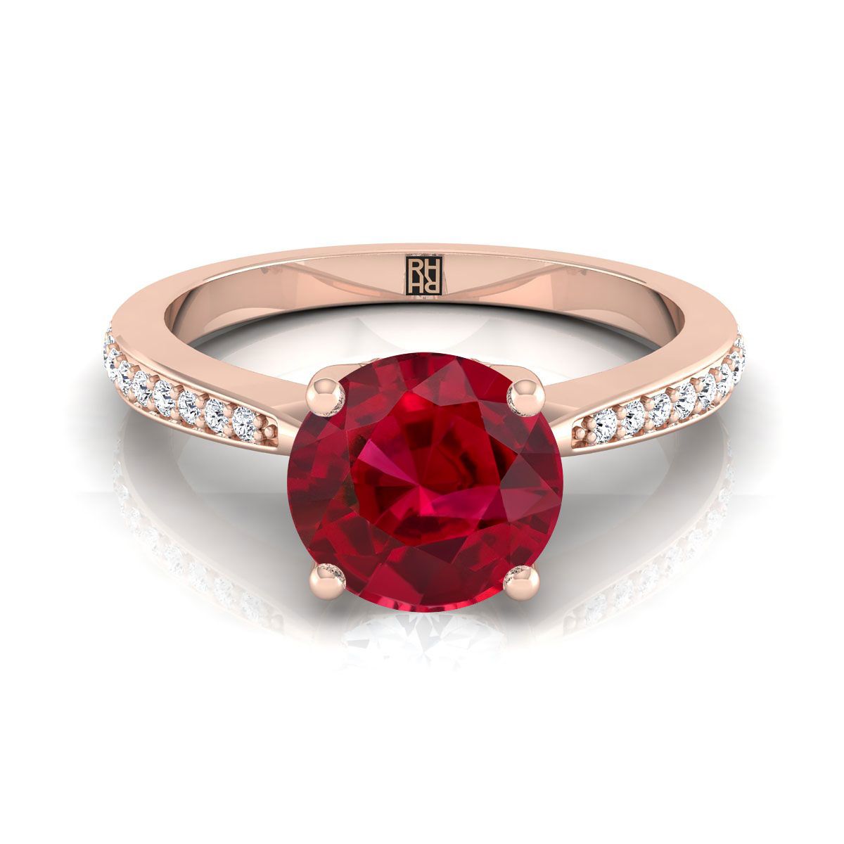 14K Rose Gold Round Brilliant Ruby Tapered Pave Diamond Engagement Ring -1/8ctw