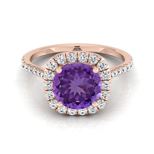 14K Rose Gold Round Brilliant Amethyst Shared Prong Diamond Halo Engagement Ring -3/8ctw