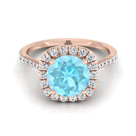 14K Rose Gold Round Brilliant Aquamarine Shared Prong Diamond Halo Engagement Ring -3/8ctw