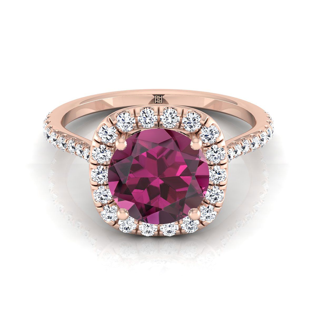 14K Rose Gold Round Brilliant Garnet Shared Prong Diamond Halo Engagement Ring -3/8ctw