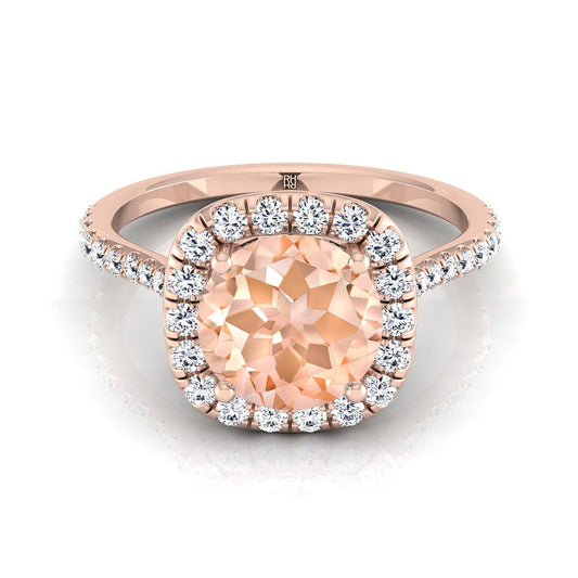 14K Rose Gold Round Brilliant Morganite Shared Prong Diamond Halo Engagement Ring -3/8ctw