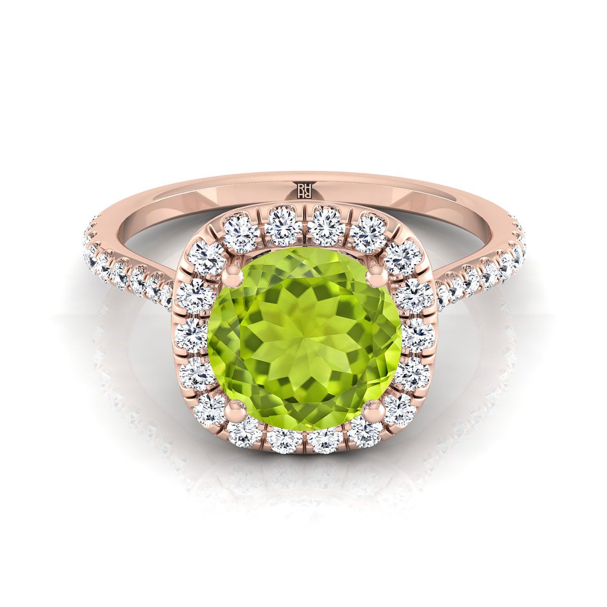 14K Rose Gold Round Brilliant Peridot Shared Prong Diamond Halo Engagement Ring -3/8ctw
