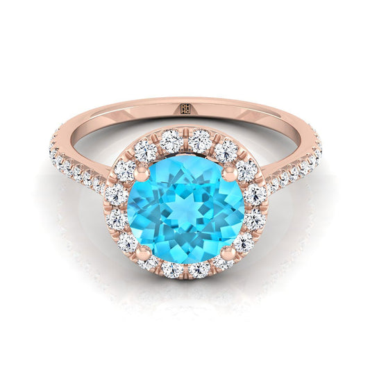 14K Rose Gold Swiss Blue Topaz Swiss Blue Topaz Halo Diamond Pave Engagement Ring -3/8ctw
