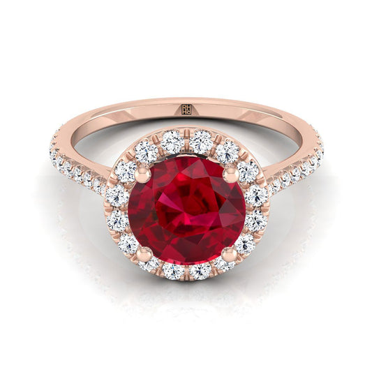14K Rose Gold Ruby Ruby Halo Diamond Pave Engagement Ring -3/8ctw