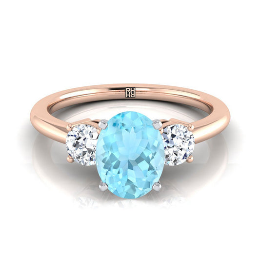 14K Rose Gold Oval Aquamarine Perfectly Matched Round Three Stone Diamond Engagement Ring -1/4ctw