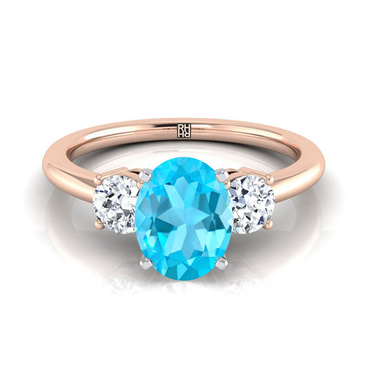 14K Rose Gold Oval Swiss Blue Topaz Perfectly Matched Round Three Stone Diamond Engagement Ring -1/4ctw