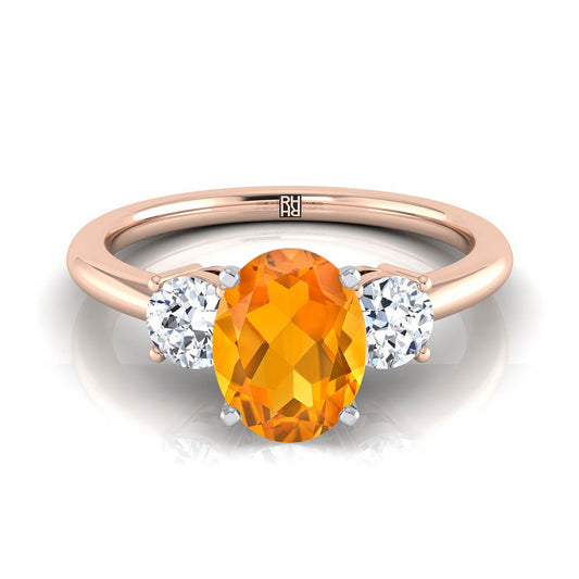 14K Rose Gold Oval Citrine Perfectly Matched Round Three Stone Diamond Engagement Ring -1/4ctw