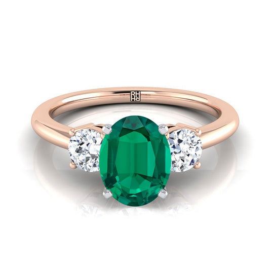 14K Rose Gold Oval Emerald Perfectly Matched Round Three Stone Diamond Engagement Ring -1/4ctw