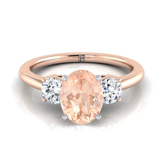 14K Rose Gold Oval Morganite Perfectly Matched Round Three Stone Diamond Engagement Ring -1/4ctw