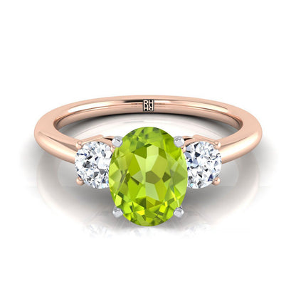 14K Rose Gold Oval Peridot Perfectly Matched Round Three Stone Diamond Engagement Ring -1/4ctw
