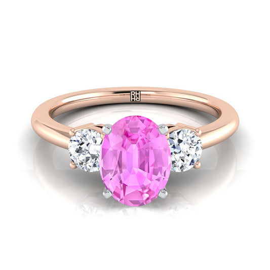 14K Rose Gold Oval Pink Sapphire Perfectly Matched Round Three Stone Diamond Engagement Ring -1/4ctw
