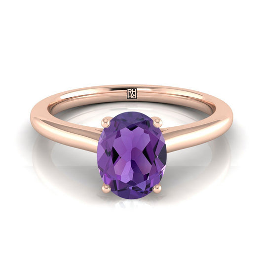 14K Rose Gold Oval Amethyst Pinched Comfort Fit Claw Prong Solitaire Engagement Ring