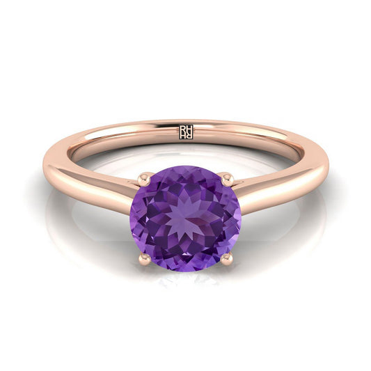 14K Rose Gold Round Brilliant Amethyst Pinched Comfort Fit Claw Prong Solitaire Engagement Ring