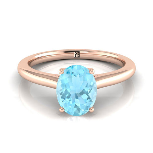 14K Rose Gold Oval Aquamarine Pinched Comfort Fit Claw Prong Solitaire Engagement Ring