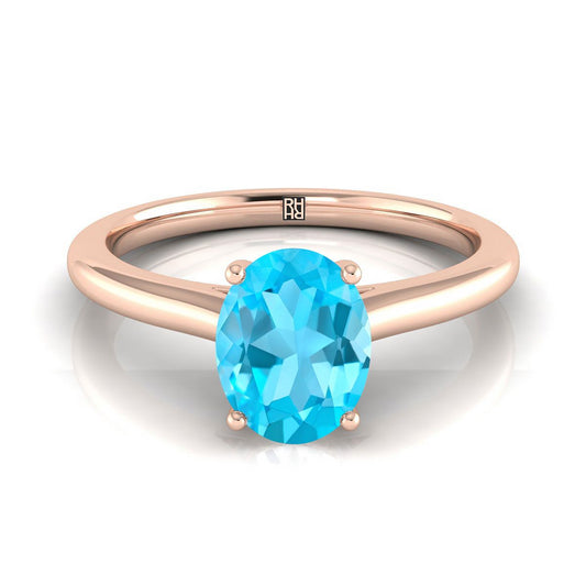 14K Rose Gold Oval Swiss Blue Topaz Pinched Comfort Fit Claw Prong Solitaire Engagement Ring