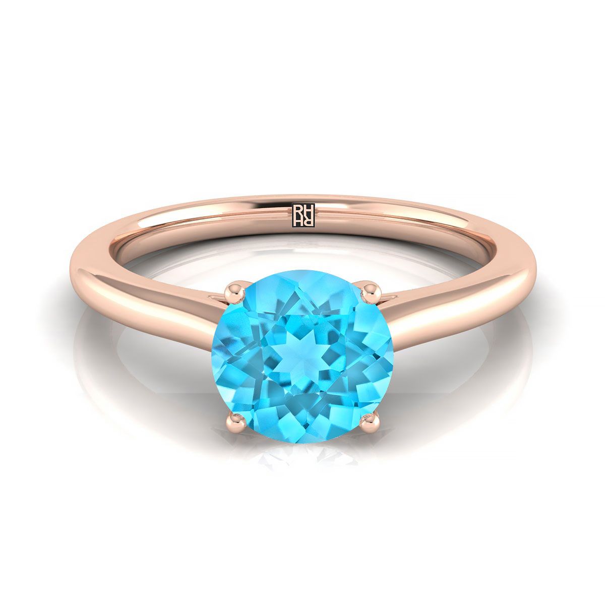 14K Rose Gold Round Brilliant Swiss Blue Topaz Pinched Comfort Fit Claw Prong Solitaire Engagement Ring