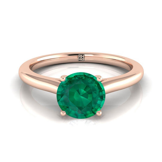 14K Rose Gold Round Brilliant Emerald Pinched Comfort Fit Claw Prong Solitaire Engagement Ring