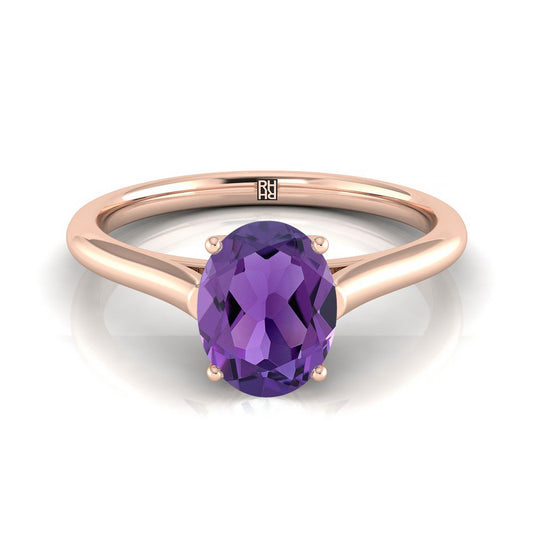 14K Rose Gold Oval Amethyst Cathedral Style Comfort Fit Solitaire Engagement Ring