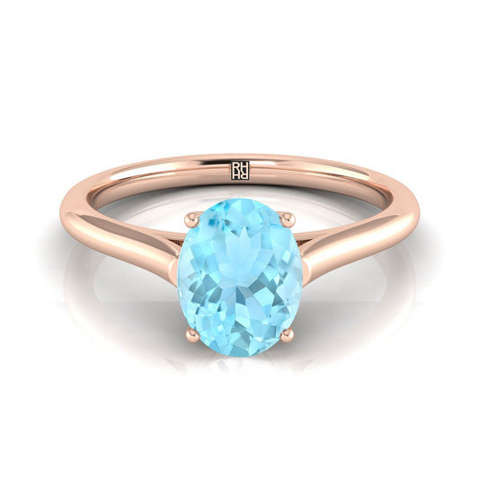 14K Rose Gold Oval Aquamarine Cathedral Style Comfort Fit Solitaire Engagement Ring