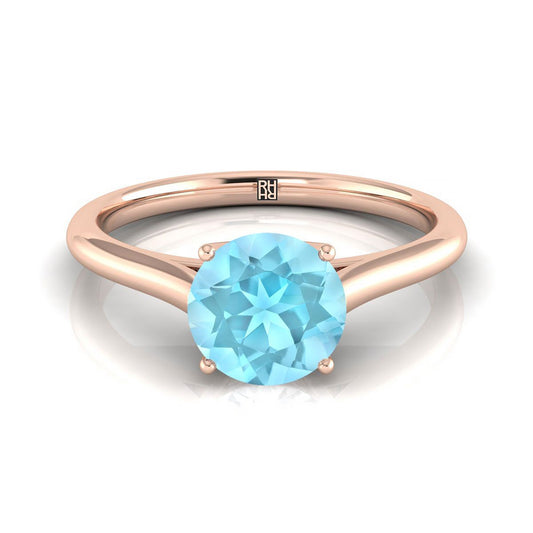 14K Rose Gold Round Brilliant Aquamarine Cathedral Style Comfort Fit Solitaire Engagement Ring