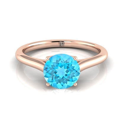 14K Rose Gold Round Brilliant Swiss Blue Topaz Cathedral Style Comfort Fit Solitaire Engagement Ring