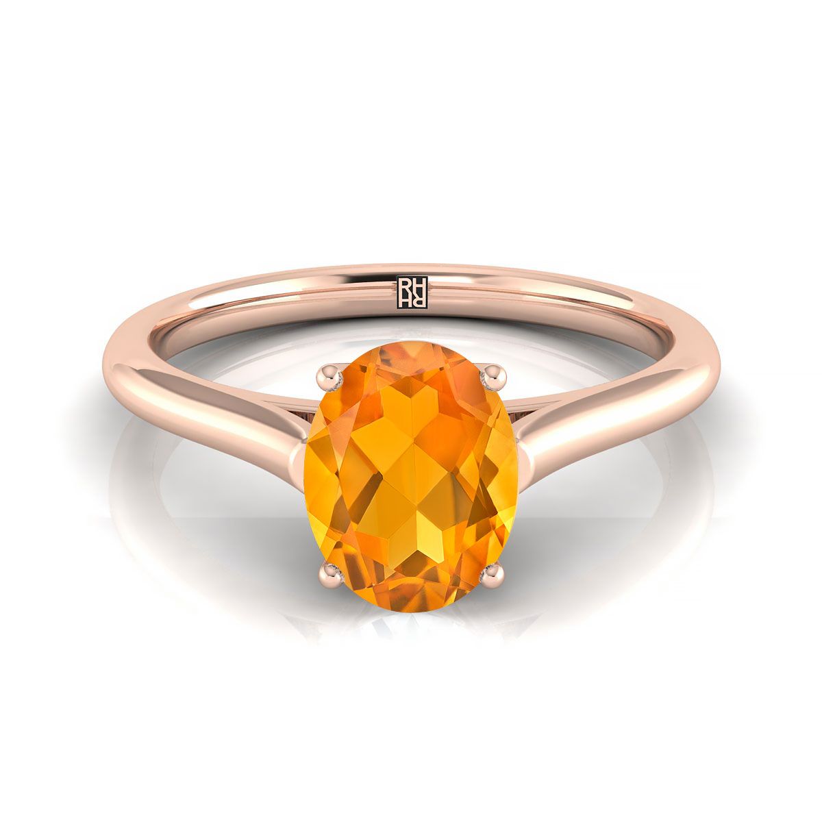 14K Rose Gold Oval Citrine Cathedral Style Comfort Fit Solitaire Engagement Ring