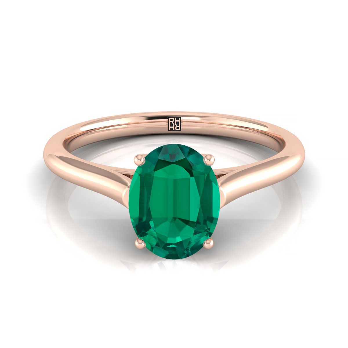 14K Rose Gold Oval Emerald Cathedral Style Comfort Fit Solitaire Engagement Ring