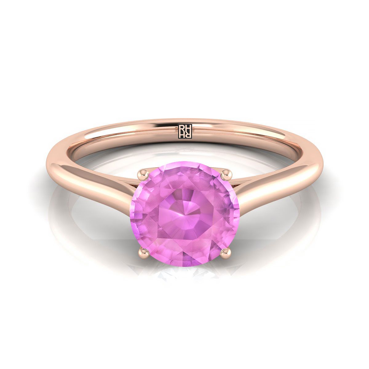 14K Rose Gold Round Brilliant Pink Sapphire Cathedral Style Comfort Fit Solitaire Engagement Ring