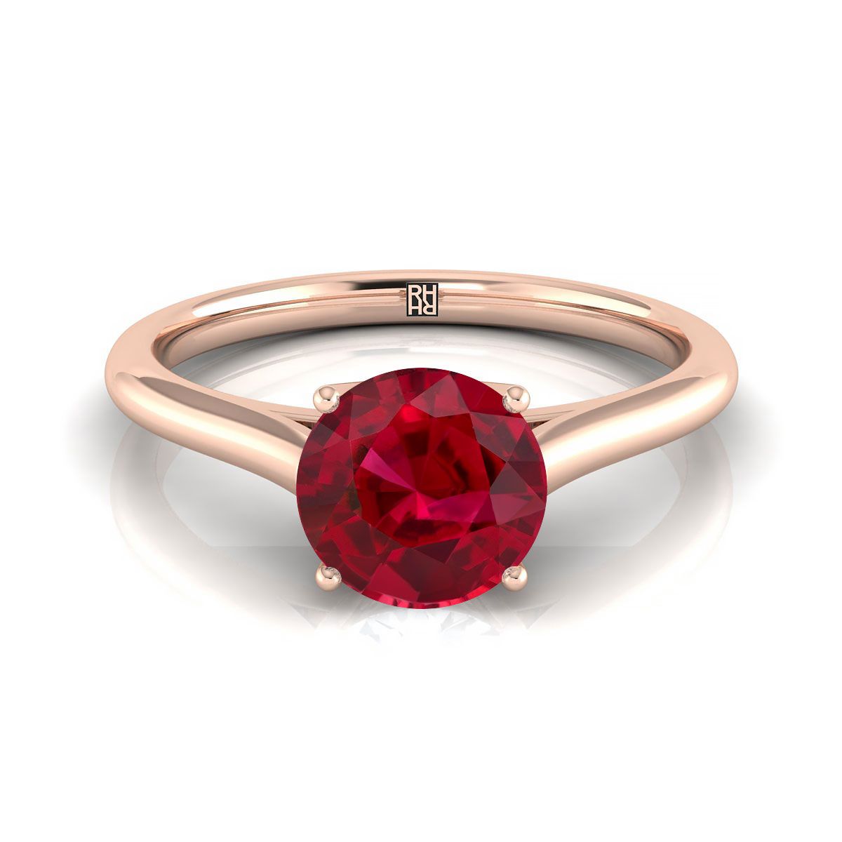 14K Rose Gold Round Brilliant Ruby Cathedral Style Comfort Fit Solitaire Engagement Ring