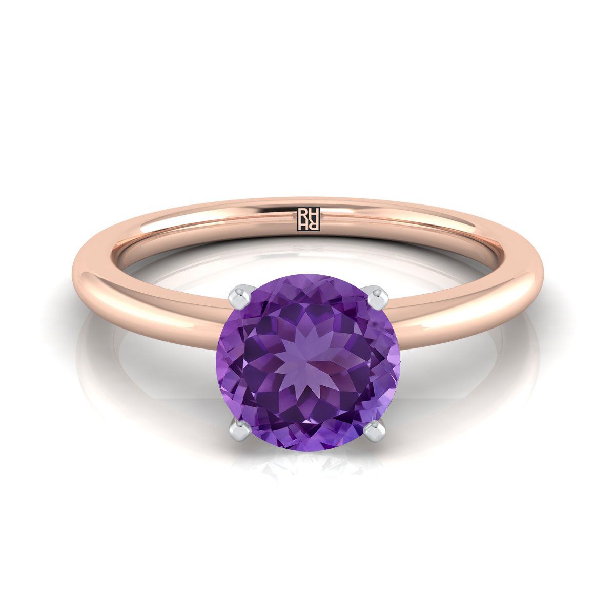 14K Rose Gold Round Brilliant Amethyst Round Comfort Fit Claw Prong Solitaire Engagement Ring
