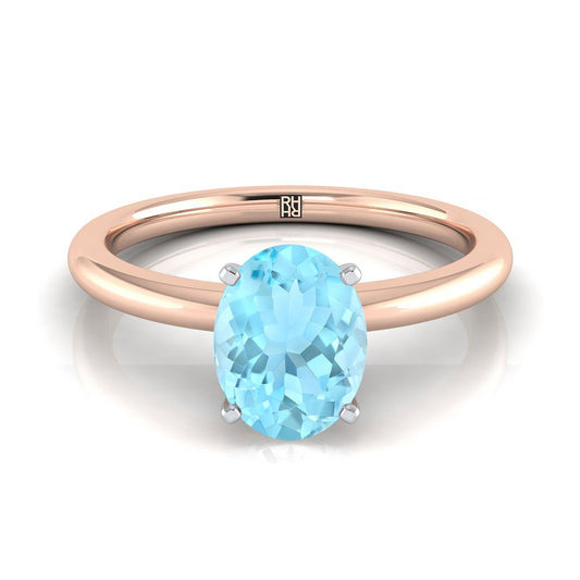 14K Rose Gold Oval Aquamarine Round Comfort Fit Claw Prong Solitaire Engagement Ring